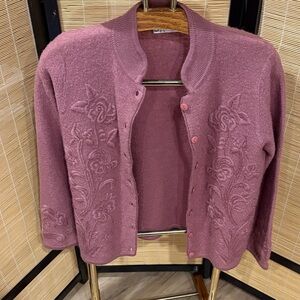 Women's Embroidered Rose Cardigan Sweater - Dusty Rose